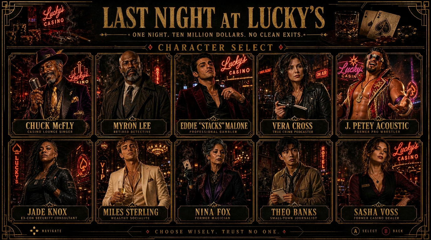 Character selection screen showing the ten playable leads with their portraits and starting stats.